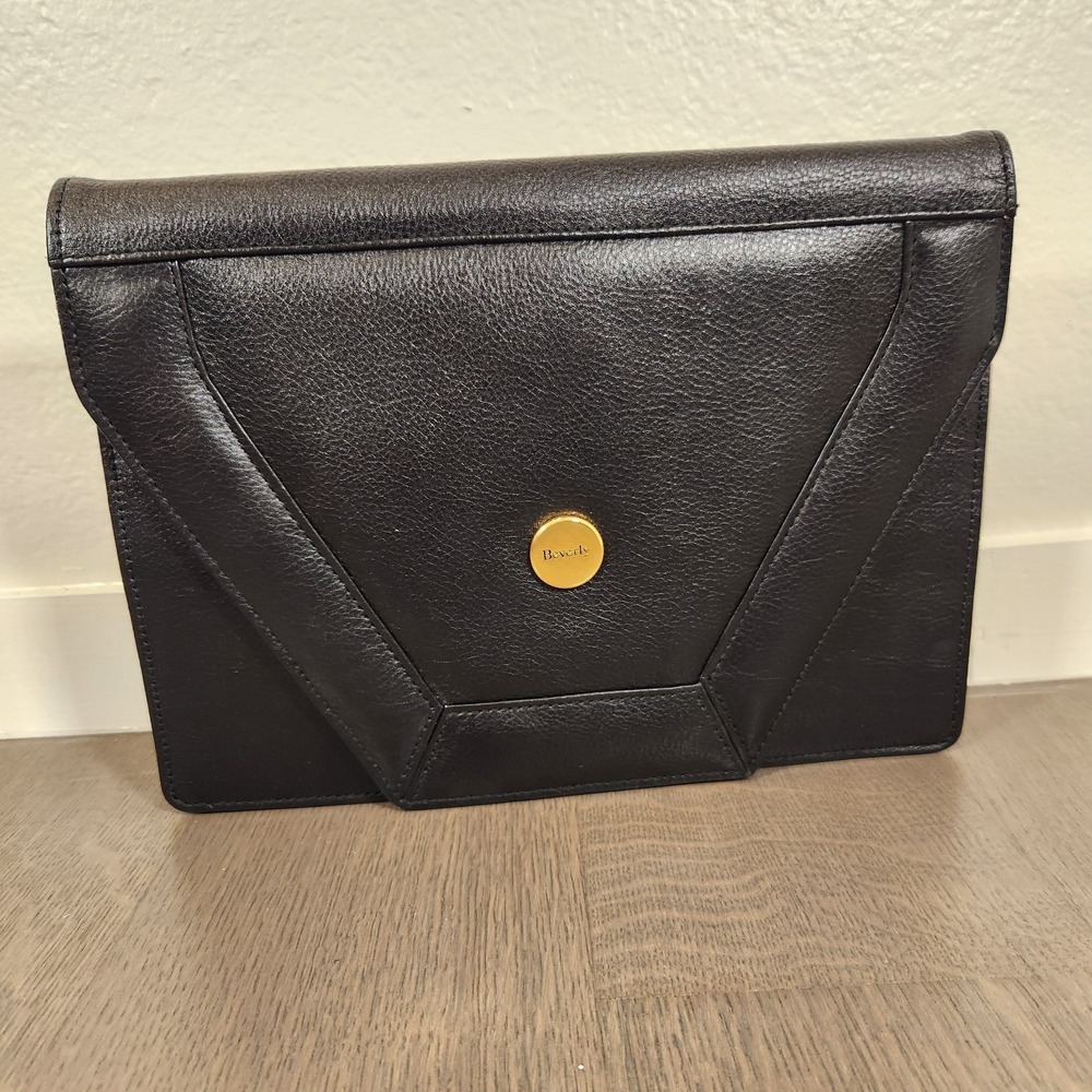 Beverly Vintage Black Pebbled Leather Envelope Clutch Structured Geometric Bag